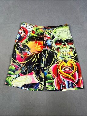 Christian Audigier Neon Skull Board Shorts - Multicolor